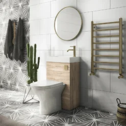 Arezzo Rustic Oak 2-In-1 Wash Basin & Toilet (500mm Wide X 300mm) Incl. Brushed Brass Flush -Victorian Plumbing Shop azcombwcokb l